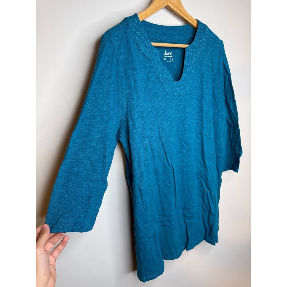 Denim & Co. Regular Slub Jersey 3/4 Sleeve U-Neck Tunic Rich Teal Large #49E - Picture 2 of 5